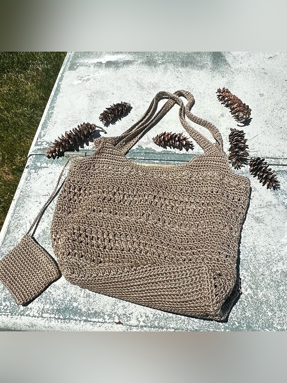 Woven Crochet Tote Bag in Tan - Picture 2 of 14